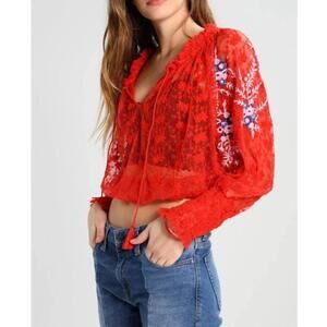 Free People Womens Red Jubilee Mesh Embroidered Lace Top oversized M